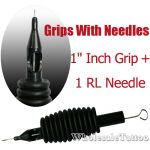 1" Inch Sterile Disposable Black Silicone Grip with Needle Combo - 1 Round Liner 20 Pack
