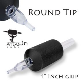 Atlas Junior™ Tube - 1" Inch Black Sterile Disposable Tattoo Grips with Clear Tip - 7 Round 20 Pack