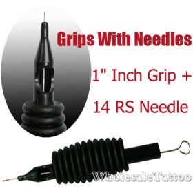 1" Inch Sterile Disposable Black Silicone Grip with Needle Combo - 14 Round Shader 20 Pack