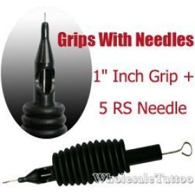1" Inch Sterile Disposable Black Silicone Grip with Needle Combo - 5 Round Shader 20 Pack